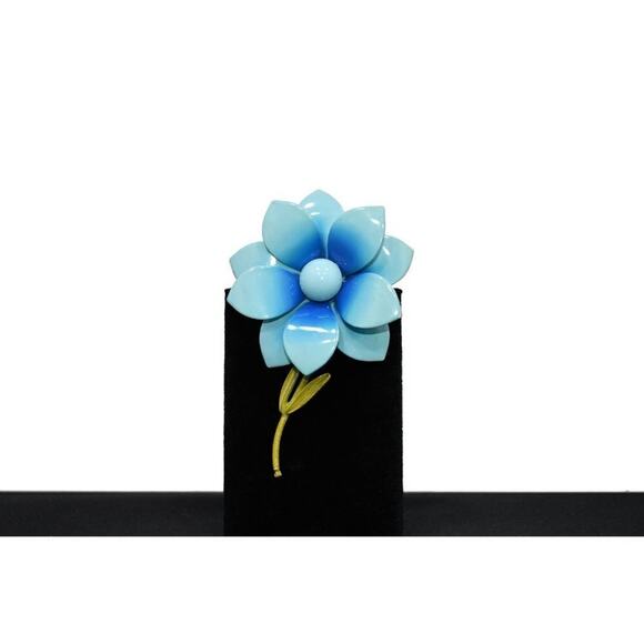 Vintage Blue Enamel Metal Flower Green Stem Brooch, 1960s, 3 3/4 Inches - Picture 4 of 10